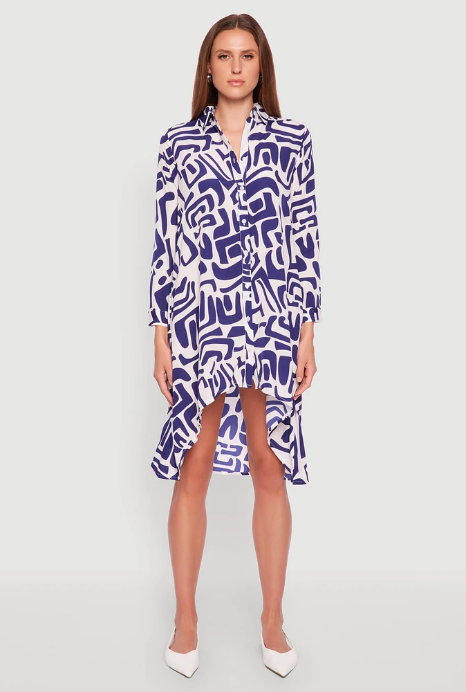 Womens Abstract Patterned High Low Shirt Dress, Multi, Size M
