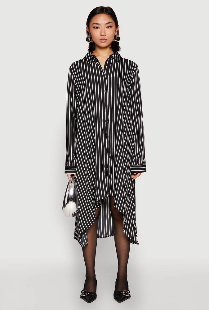 Womens Striped High Low Shirt Dress, Black, Size S