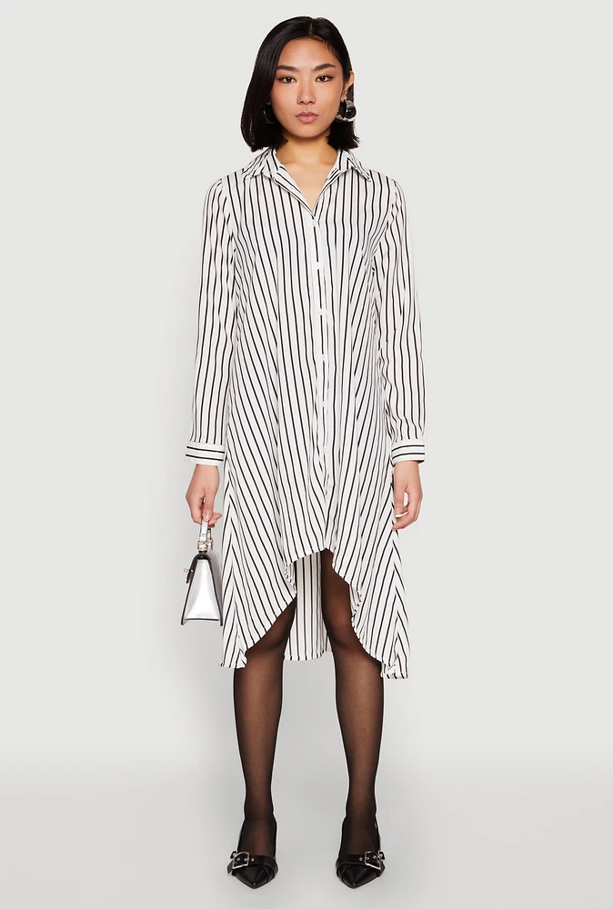 Womens Striped High Low Shirt Dress, White, Size S