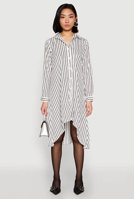 Womens Striped High Low Shirt Dress, White, Size S
