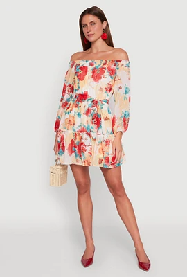 Womens Floral Off the Shoulder Tie Waist Tiered Mini Dress, Multi, Size XL