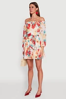 Womens Floral Off the Shoulder Tie Waist Tiered Mini Dress, Multi, Size XL