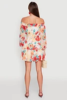 Womens Floral Off the Shoulder Tie Waist Tiered Mini Dress, Multi, Size XL