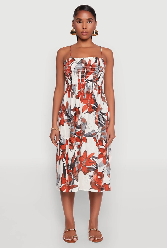 Womens Floral Print Smocked Tiered Midi Dress,