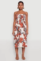 Womens Floral Print Smocked Tiered Midi Dress,