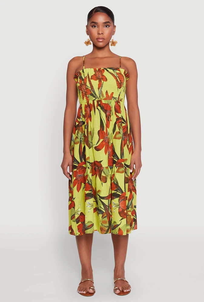 Womens Floral Print Smocked Tiered Midi Dress,