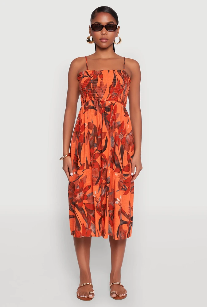 Womens Floral Print Smocked Tiered Midi Dress, Orange,