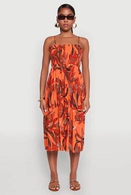 Womens Floral Print Smocked Tiered Midi Dress, Orange,