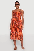 Womens Floral Print Smocked Tiered Midi Dress, Orange,