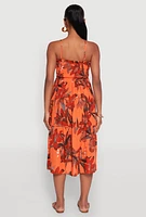 Womens Floral Print Smocked Tiered Midi Dress, Orange,