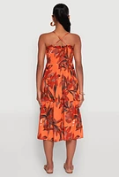 Womens Floral Print Smocked Tiered Midi Dress, Orange,