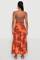 Womens Floral Print Smocked Tiered Midi Dress, Orange,