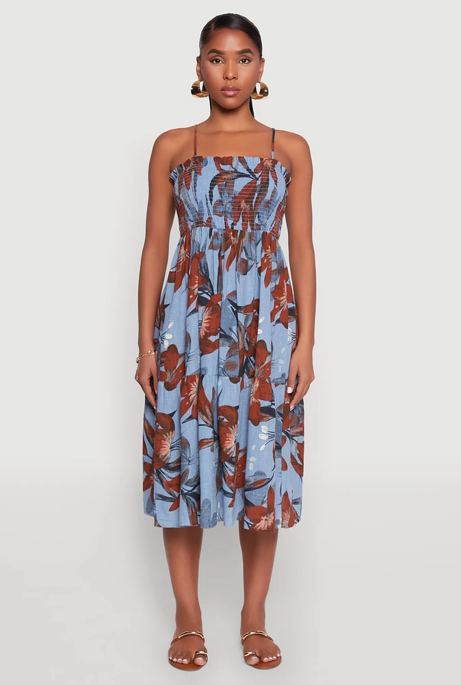 Womens Floral Print Smocked Tiered Midi Dress,