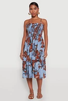Womens Floral Print Smocked Tiered Midi Dress,