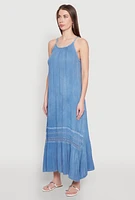 Womens Crochet Detail Sleeveless Maxi Dress, Blue, Size L