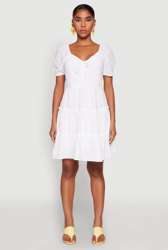 Womens Haute Monde Eyelet Tiered Mini Dress, White, Size L
