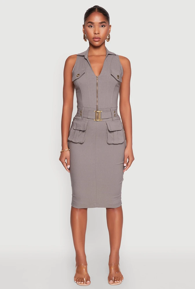 Womens Zip Front Belted Cargo Dress, Grey, Size S