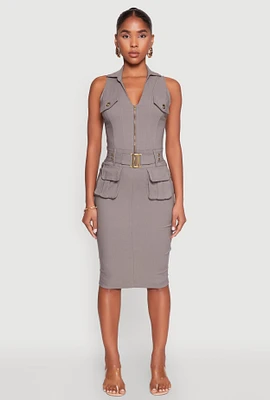 Womens Zip Front Belted Cargo Dress, Grey, Size S