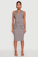 Womens Zip Front Belted Cargo Dress, Grey, Size S