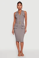 Womens Zip Front Belted Cargo Dress, Grey, Size S