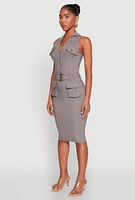 Womens Zip Front Belted Cargo Dress, Grey, Size XL