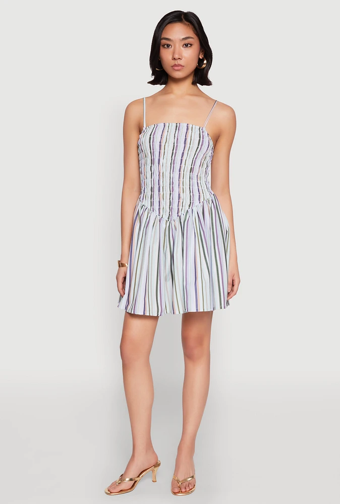 Womens Spoon Jeans Smocked Stripe Mini Dress, Multi, Size M