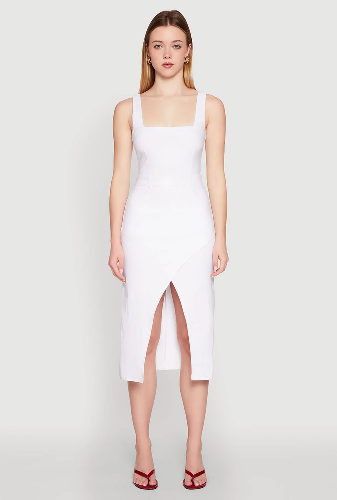Womens Slit Front Midi Tank Dress, White, Size M