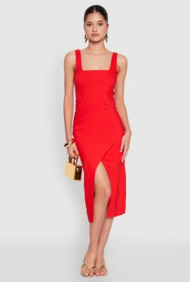 Womens Slit Front Midi Tank Dress, Red, Size M