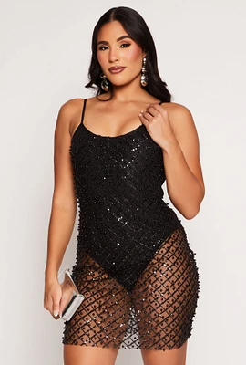 Womens Mesh Lined Beaded Sequin Cami Dress, Black, Size S