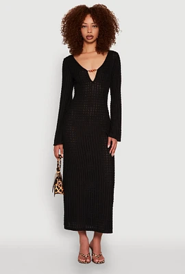 Womens Beaded Notch Neck Textured Knit Maxi Dress,