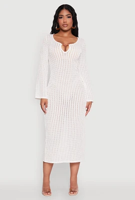 Womens Beaded Notch Neck Textured Knit Maxi Dress, White,