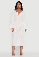 Womens Beaded Notch Neck Textured Knit Maxi Dress, White,