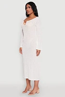 Womens Beaded Notch Neck Textured Knit Maxi Dress, White,