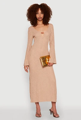 Womens Beaded Notch Neck Textured Knit Maxi Dress, Beige, Size L