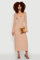 Womens Beaded Notch Neck Textured Knit Maxi Dress, Beige, Size L
