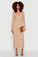Womens Beaded Notch Neck Textured Knit Maxi Dress, Beige, Size L