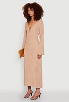 Womens Beaded Notch Neck Textured Knit Maxi Dress, Beige, Size L