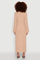 Womens Beaded Notch Neck Textured Knit Maxi Dress, Beige, Size L