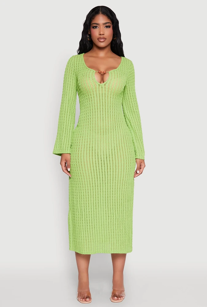 Womens Beaded Notch Neck Textured Knit Maxi Dress,
