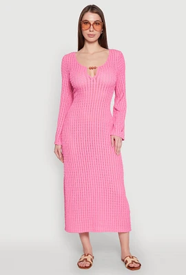 Womens Beaded Notch Neck Textured Knit Maxi Dress, Pink, Size XL