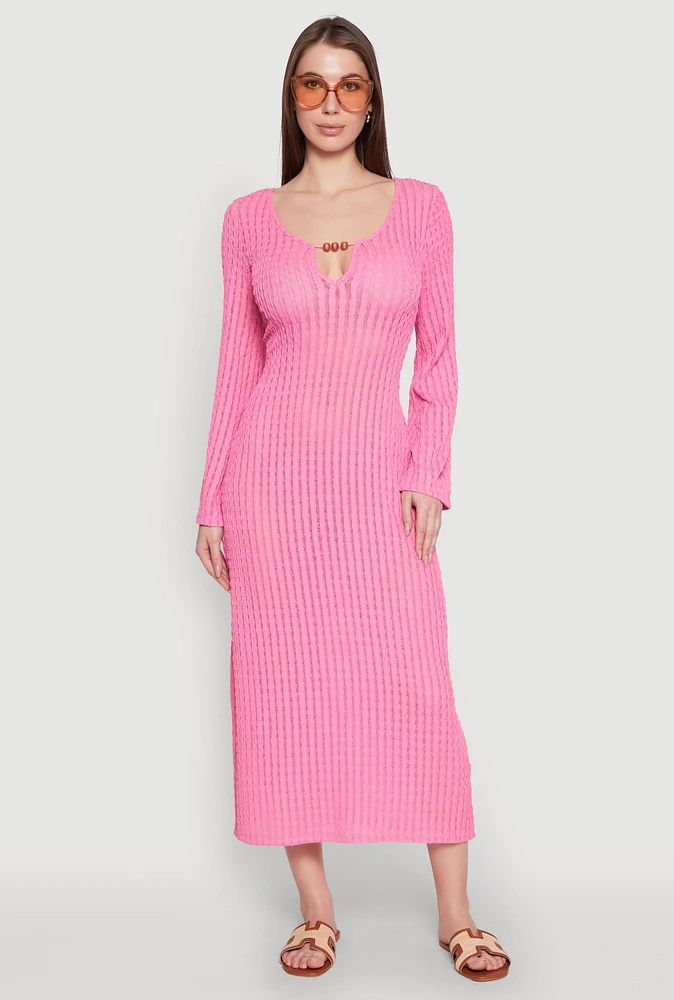 Womens Beaded Notch Neck Textured Knit Maxi Dress,