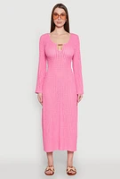 Womens Beaded Notch Neck Textured Knit Maxi Dress, Pink, Size XL
