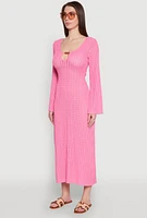 Womens Beaded Notch Neck Textured Knit Maxi Dress, Pink, Size XL