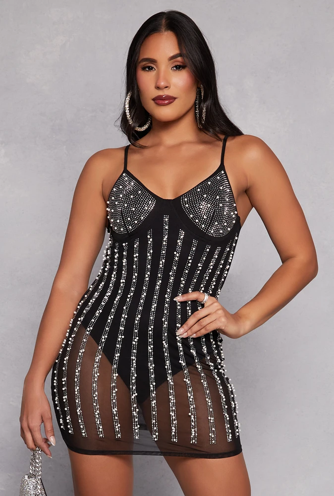 Womens Mesh Rhinestone Faux Pearl Bustier Dress, Black, Size S