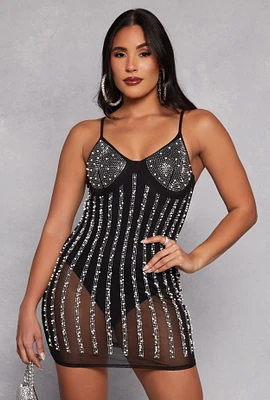 Womens Mesh Rhinestone Faux Pearl Bustier Dress, Black, Size L