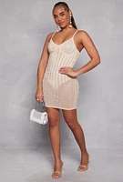 Womens Mesh Rhinestone Faux Pearl Bustier Dress, Beige, Size M