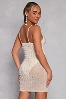 Womens Mesh Rhinestone Faux Pearl Bustier Dress, Beige, Size M