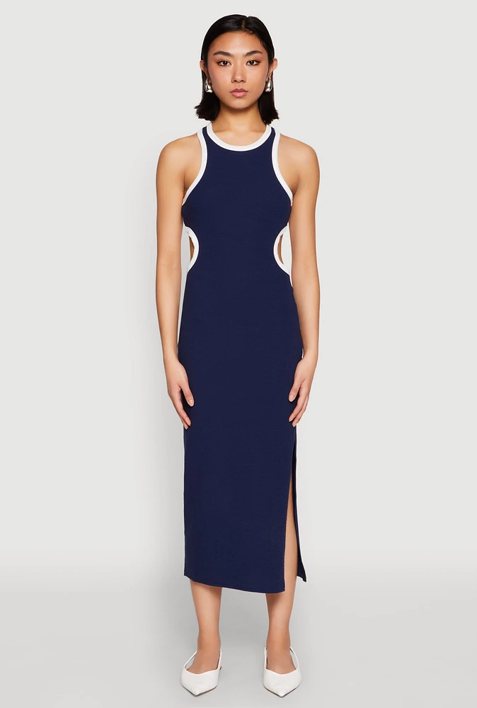 Womens Contrast Trim Cut Out Tank Dress, Blue, Size L