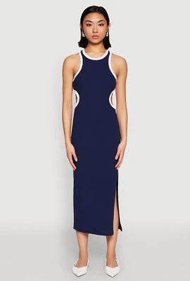 Womens Contrast Trim Cut Out Tank Dress, Blue, Size L