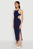 Womens Contrast Trim Cut Out Tank Dress, Blue, Size L